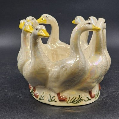 Ceramic Bowl 9" Planter Holland Mold Circle Of Ducks Signed Homemade Vintage 80s