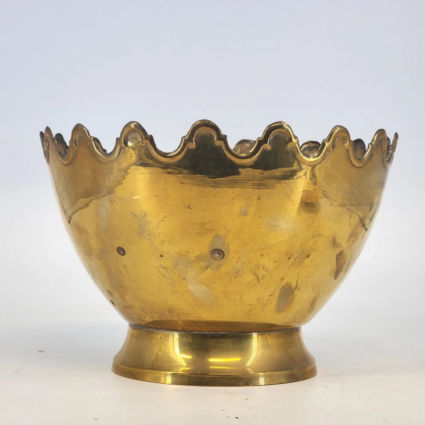Brass Pedestal Bowl Scalloped Crown Rim 8" Monteith Style India Vintage Patina