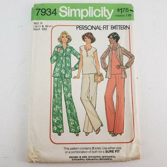 Simplicity Printed Sewing Pattern 7934 Women Top Shirt & Pants 16½ 18½ Vintage