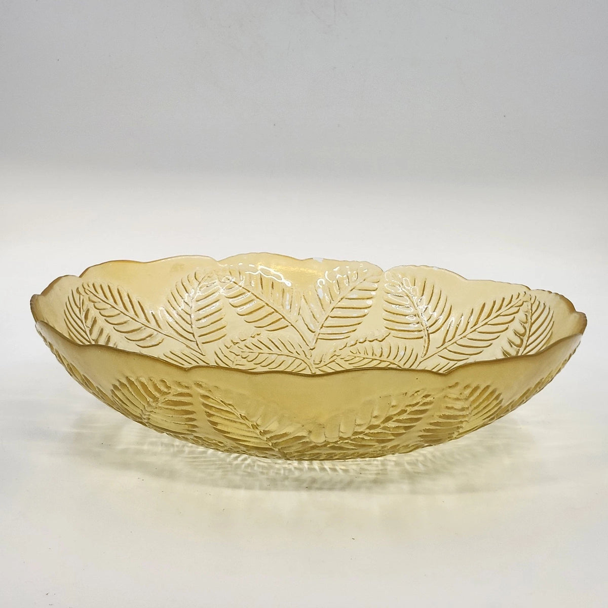 Amber Glass Serving Bowl Embossed Fern Leaf Pattern Scalloped Rim 13" Vintage