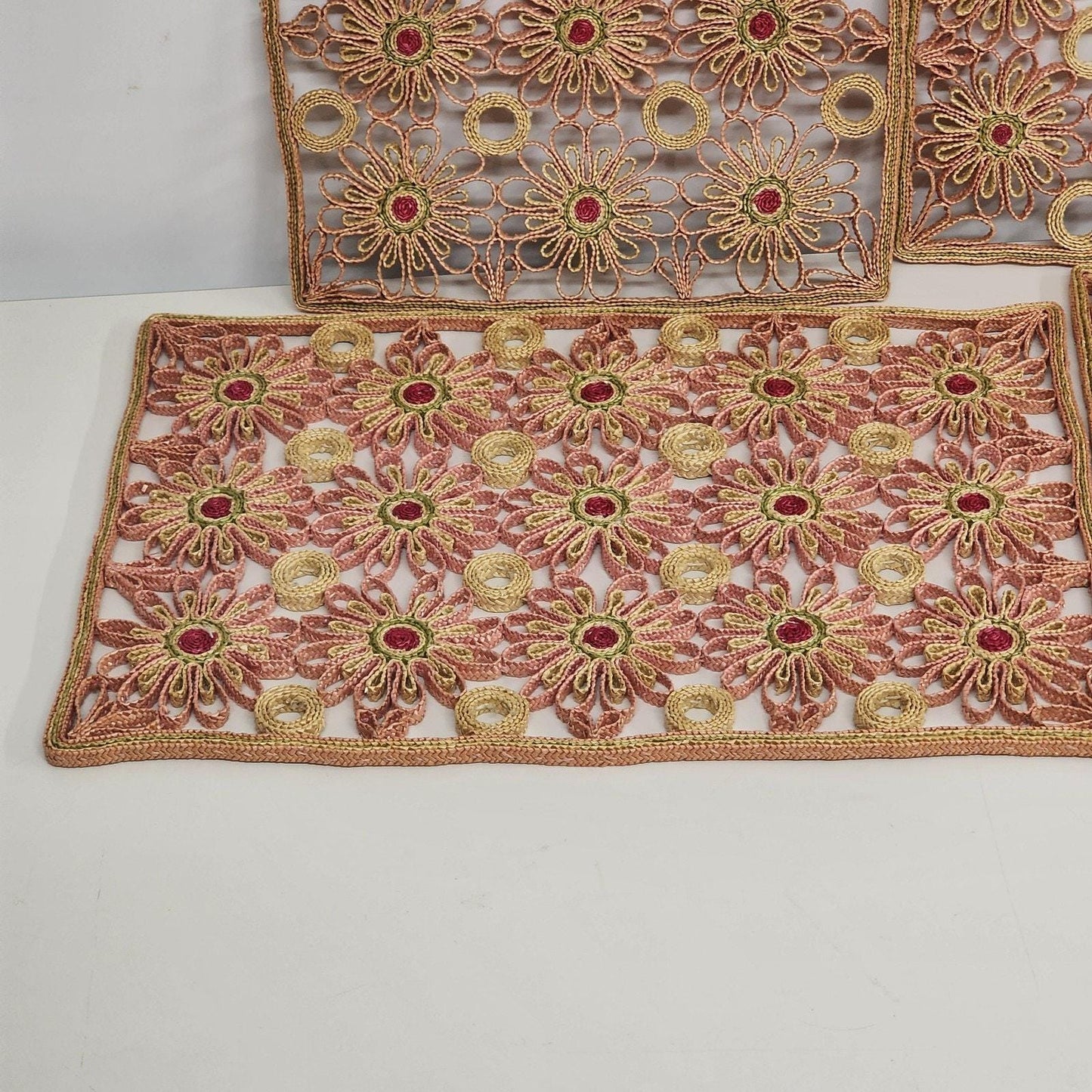 Raffia Ratan Sunburst Placemats Set 4 Boho Woven Orange Red Yellow Table Decor 17.5"