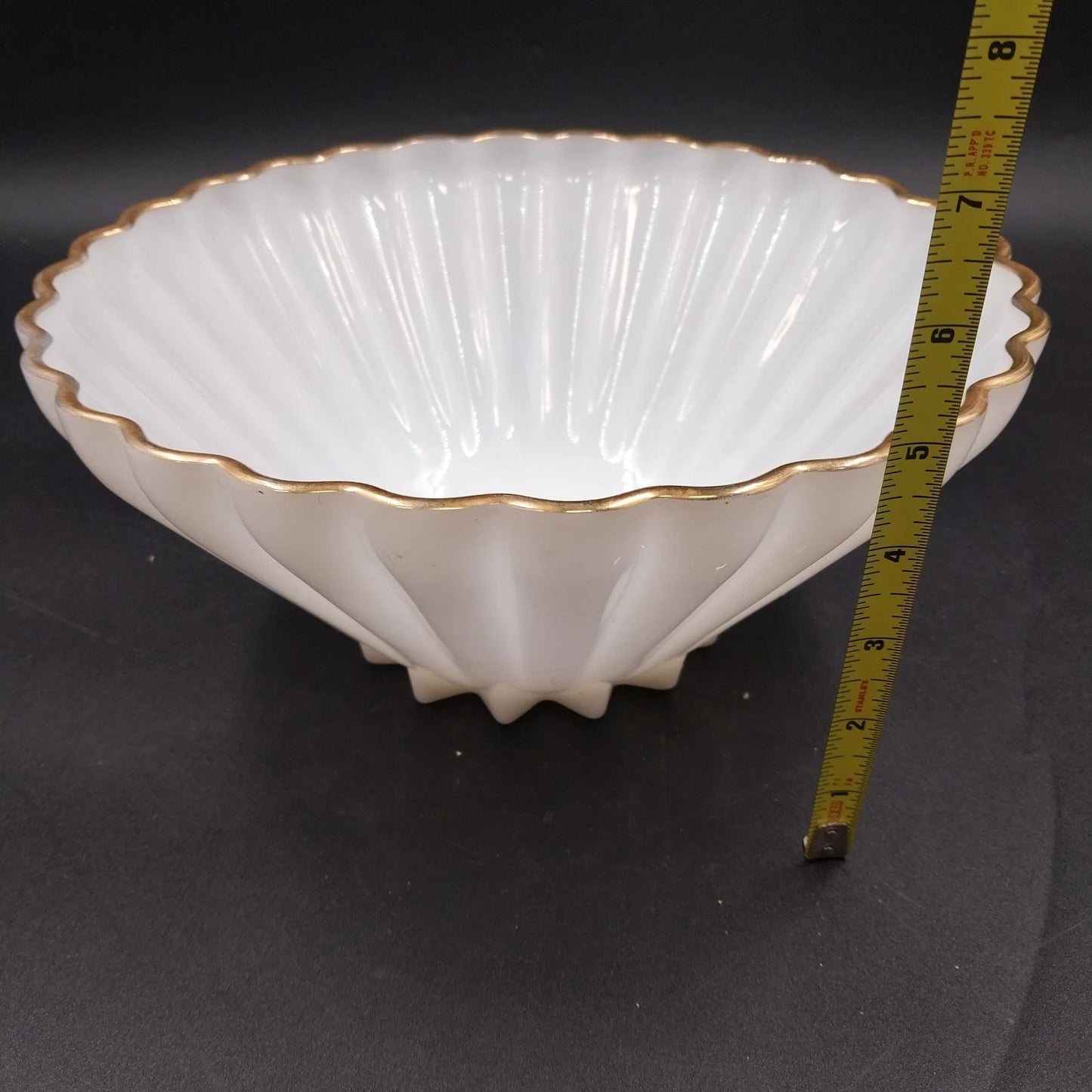 Fire-King Rachel Serving Bowl 11" Milk Glass Scalloped Gold Rim Anchor Hocking