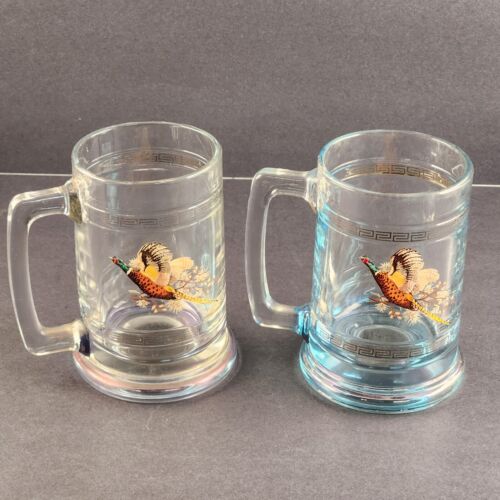 Beer Mugs Collector Series Clear and Blue Tint With Pheasants Set of Two Vintage