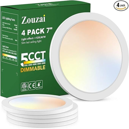 Zouzai LED Ceiling Light 7 Inch 4 Pack White 5CCT Selectable LBT-3/7XDPL-15-S