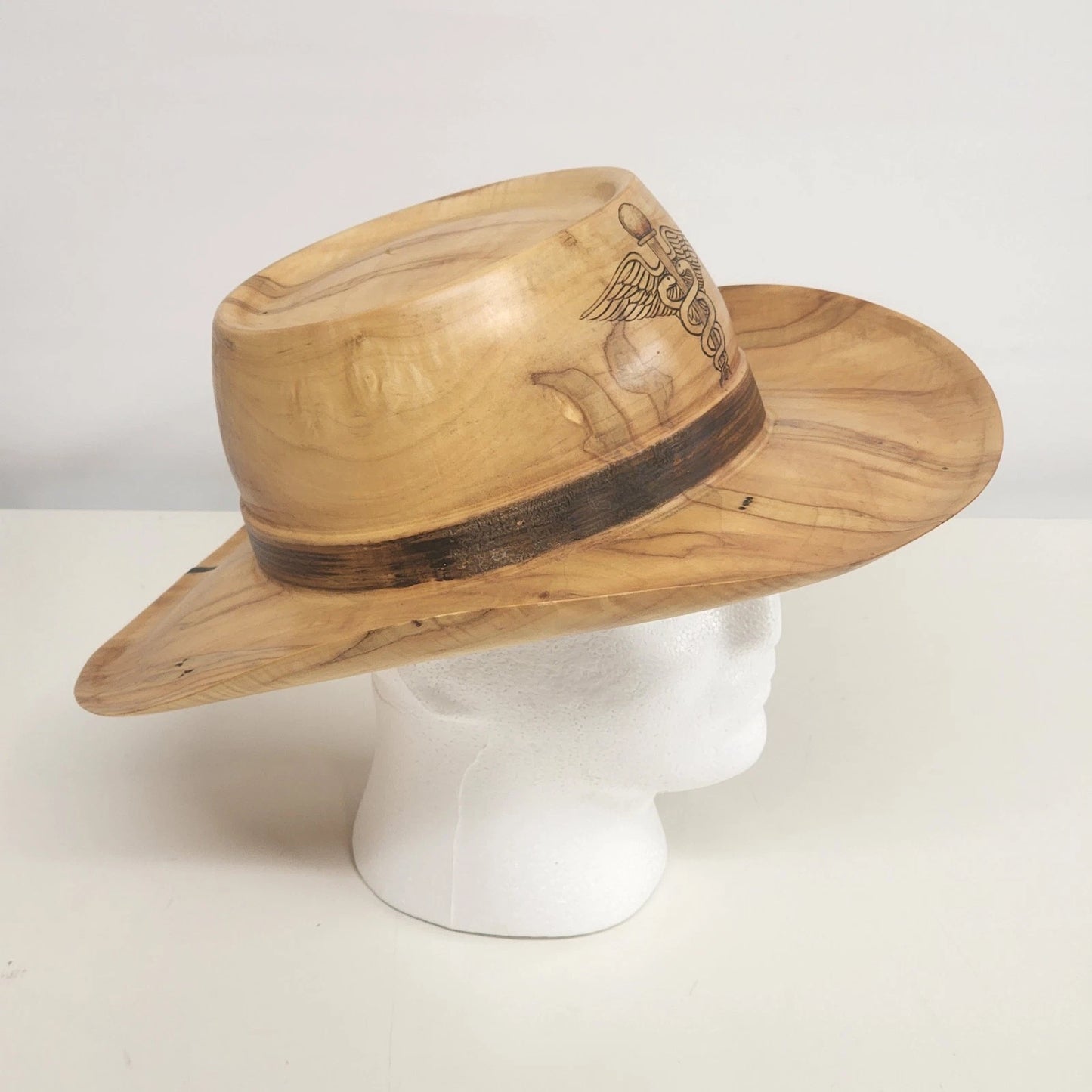 Lathe Turned Wood Cowboy Hat Tan 7-1/8 RW Huey Handcrafted Caduceus Symbol