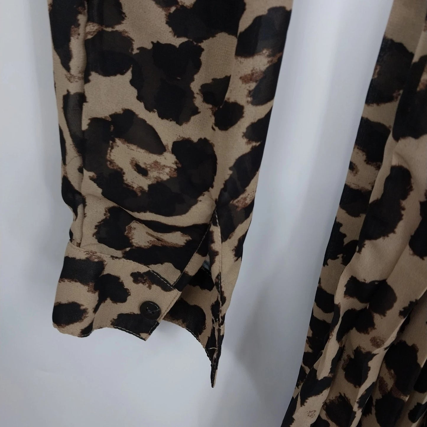 Xtaren Women's Leopard Print Sheer Pleated Mini Shirt Dress Long Sleeve Small