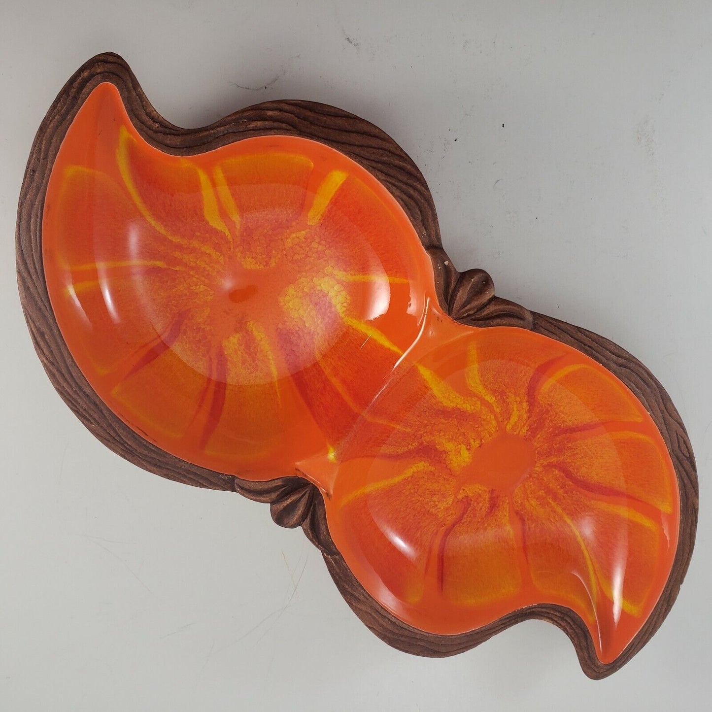 California Pottery USA 748 Divided Serving Dish Orange Swirl Glaze 1970s Vintage
