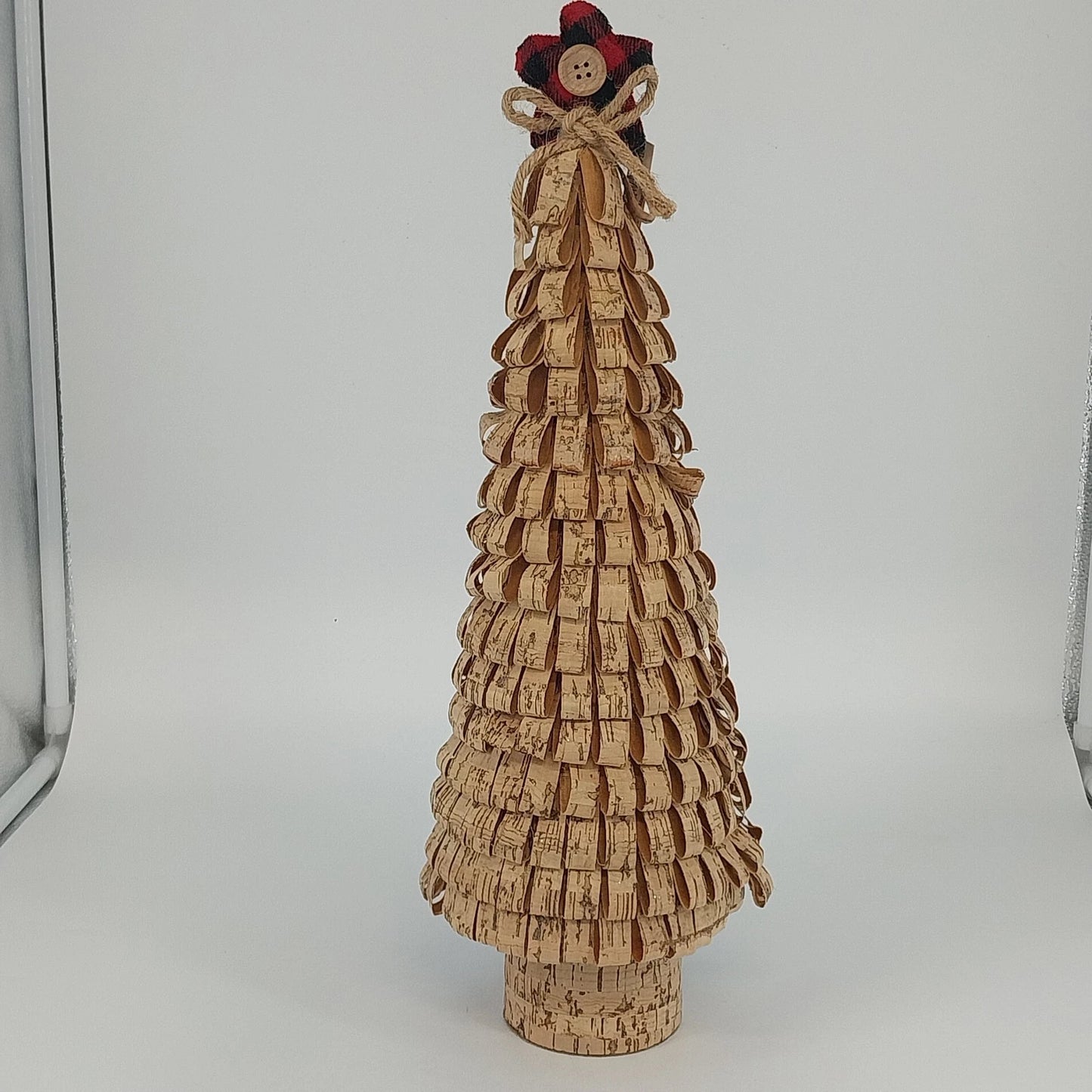 Holiday Home Shaved Cork Loop Tabletop Christmas Tree Star Bow 16.5" Plaid Top