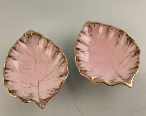 Light Pink Powdered Leaf Jewelry Trinket Dish Painted Gold Gilt Dish 2 in Set