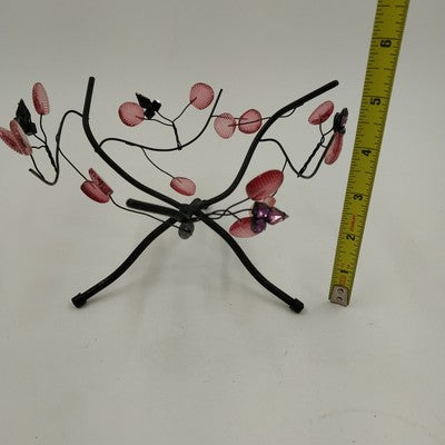 Black Metal Pink Leaf Flower Serving Bowl Stand Display Vintage 1990s 5.25"