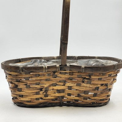 Peanut Shaped Handwoven Wicker Storage Basket w Handle & Plastic Liner 14"x15"