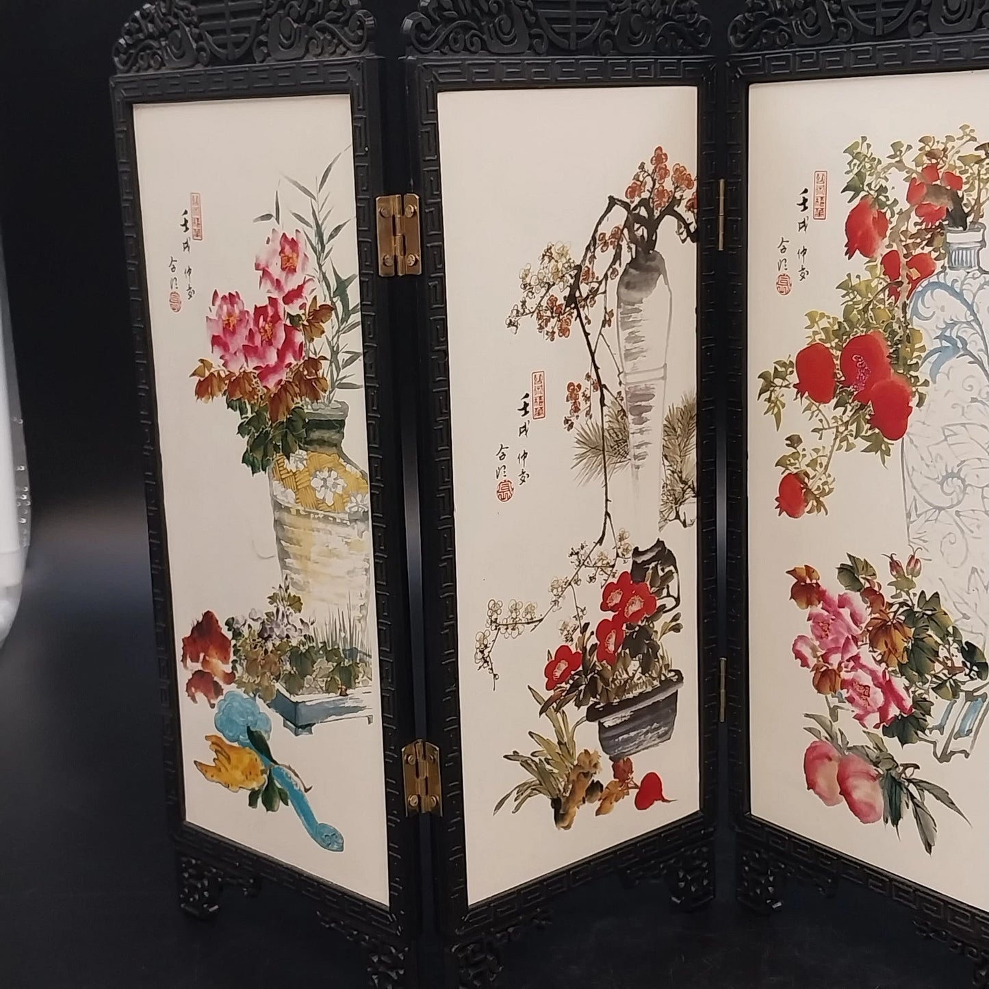 Chinese Mini Folding Tabletop Screen 4 Panel Double Sided Geisha Asian Decor Vtg