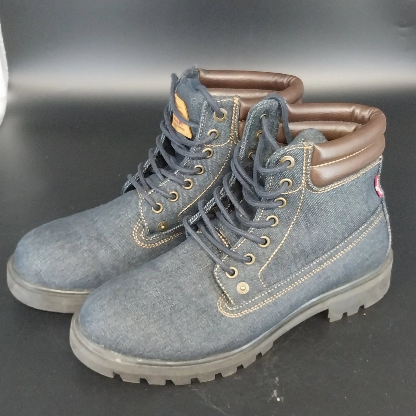 Levi's Solvano Mid Blue Denim Lace Up Ankle Boots Men's 9.5 Brown Padded Collar