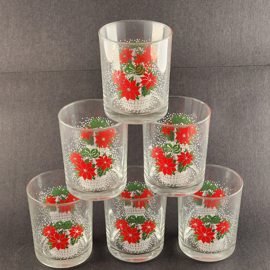 6 Luminarc Poinsettia Basket Christmas Rocks Clear Glasses 12 oz Heavy Base Vtg