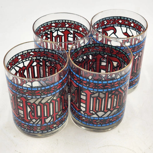 4 Houze Happy Holidays Old Fashioned Stained Glass 3.25"d x 4"h MCM Barware
