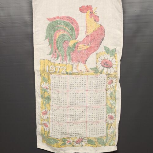 Rooster Sunflower Linen 1972 Calendar Kitchen Towel MCM Vintage 26" x 14" Faded