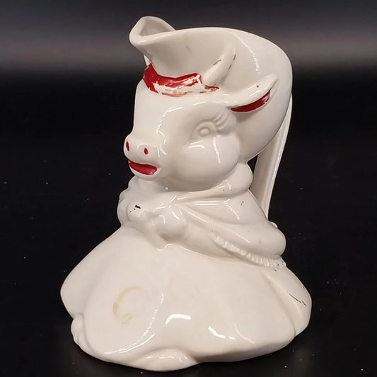 Ceramic Cow Creamer Pitcher White Red Blue Farmhouse Cottagecore 6" Vintage