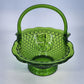 Vintage Fenton Green Glass Basket Diamond Fruit Ruffled Edge Bowl