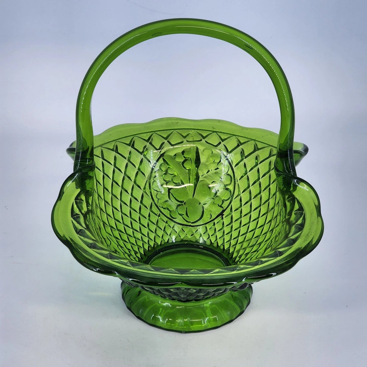 Vintage Fenton Green Glass Basket Diamond Fruit Ruffled Edge Bowl