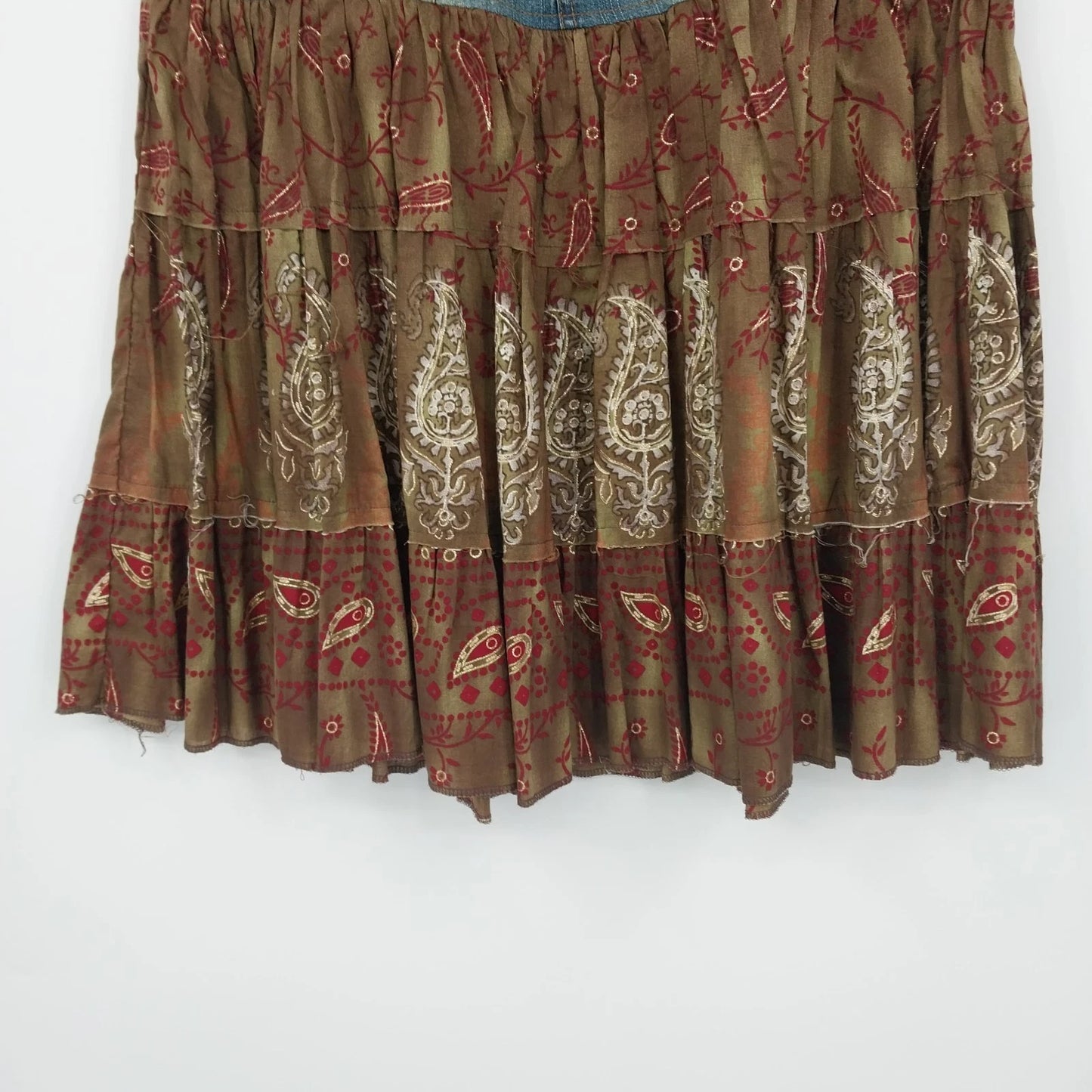 Younique Denim Patchwork Boho Midi Skirt Blue Brown Paisley Women Size 7 Button