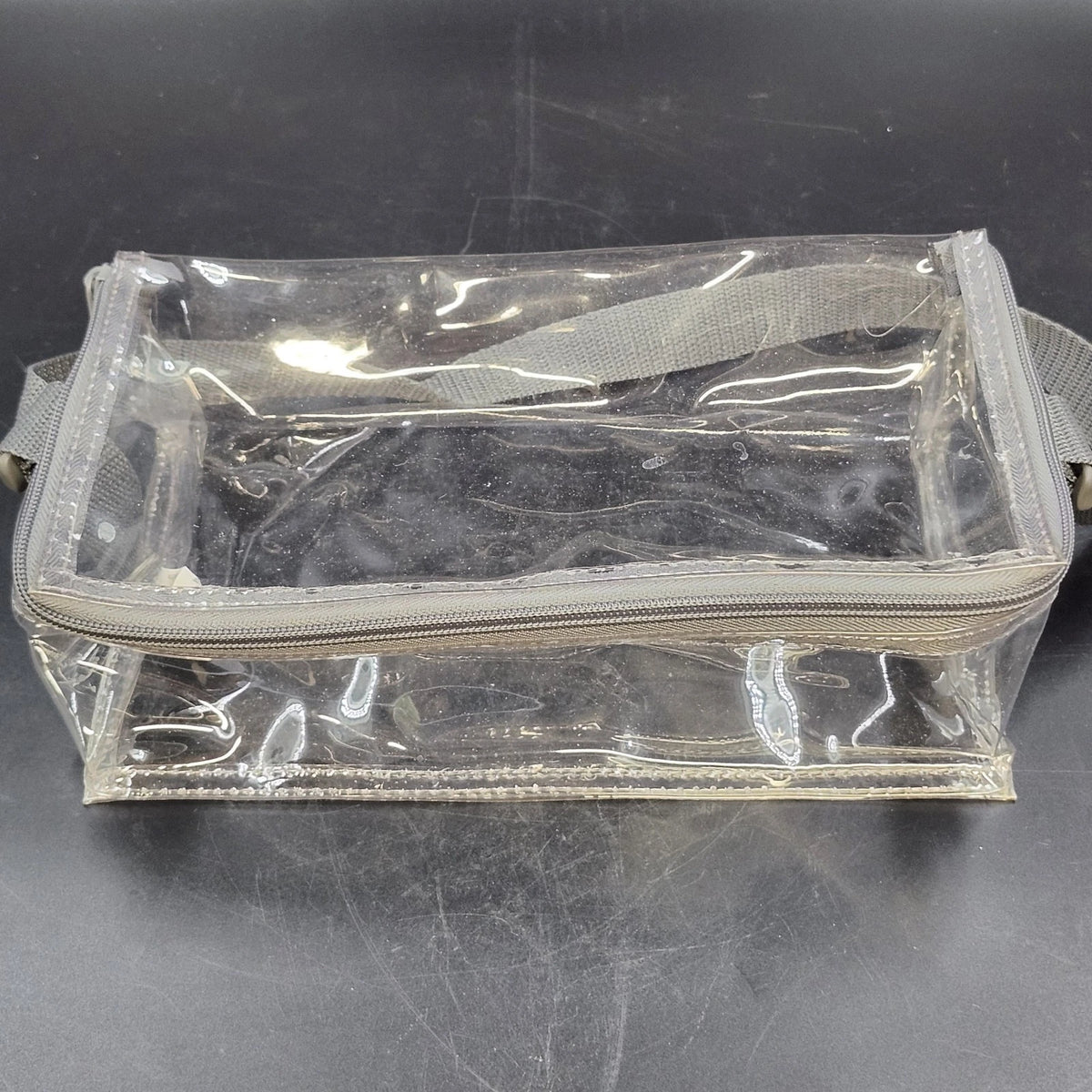 Get Organized Clear Vinyl Cosmetic Travel Organizer Bag Gray Strap 10" Zip Top
