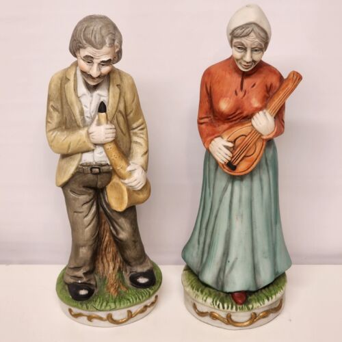 2 Flambro Folk Musicians 12” Porcelain Figurines Man and Woman with Instruments