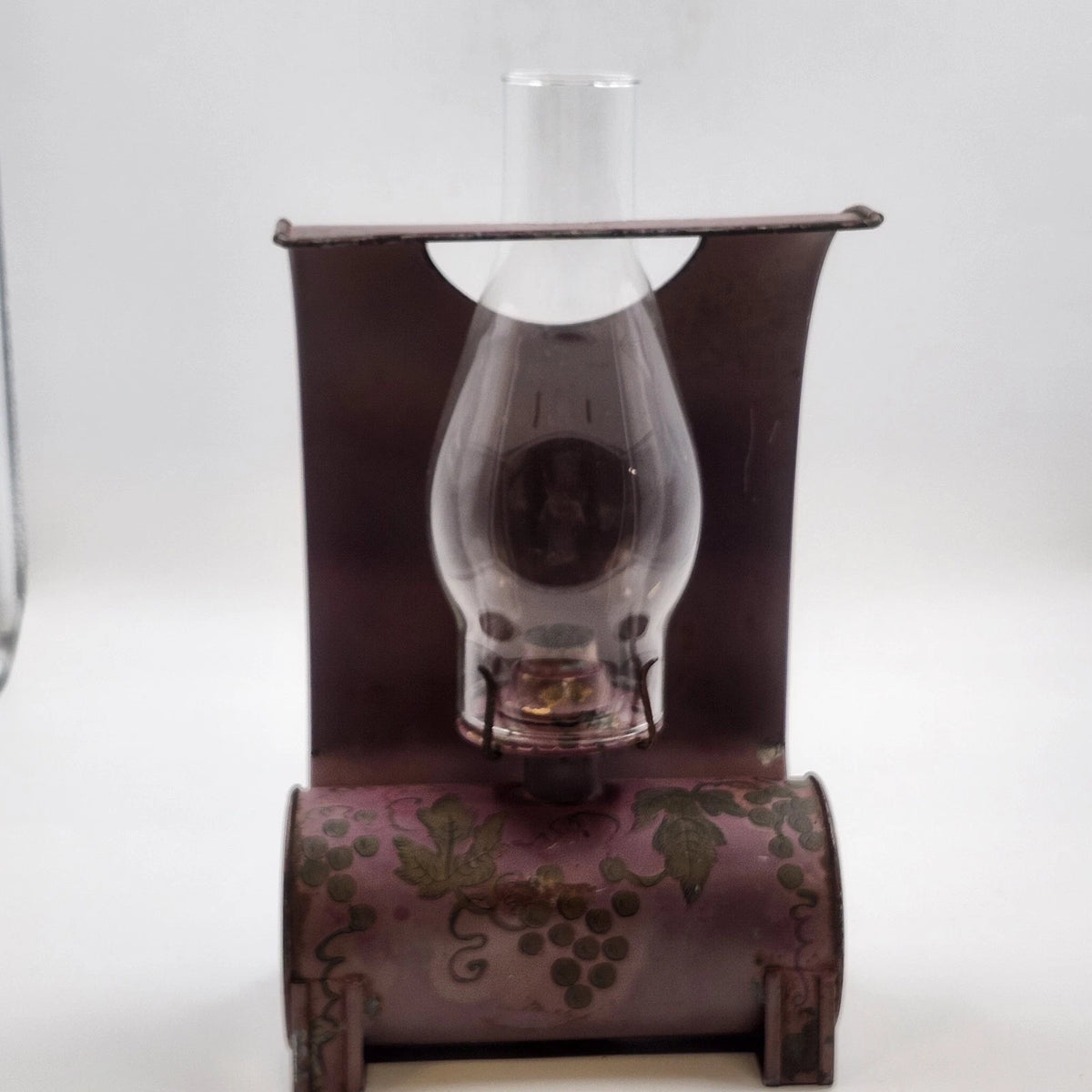 Metal Kerosene Oil Lamp Hand Painted Grapes Mauve Reflector Vintage 10.5" Vtg