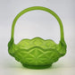 Westmoreland Green Satin Glass Basket Diamond Point Ruffled Candy Dish 6.5" Vtg