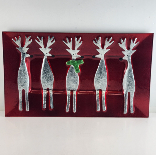 Crate & Barrel Reindeer Platter 17" x 12” Red Glass Serving Tray G7005 Vintage