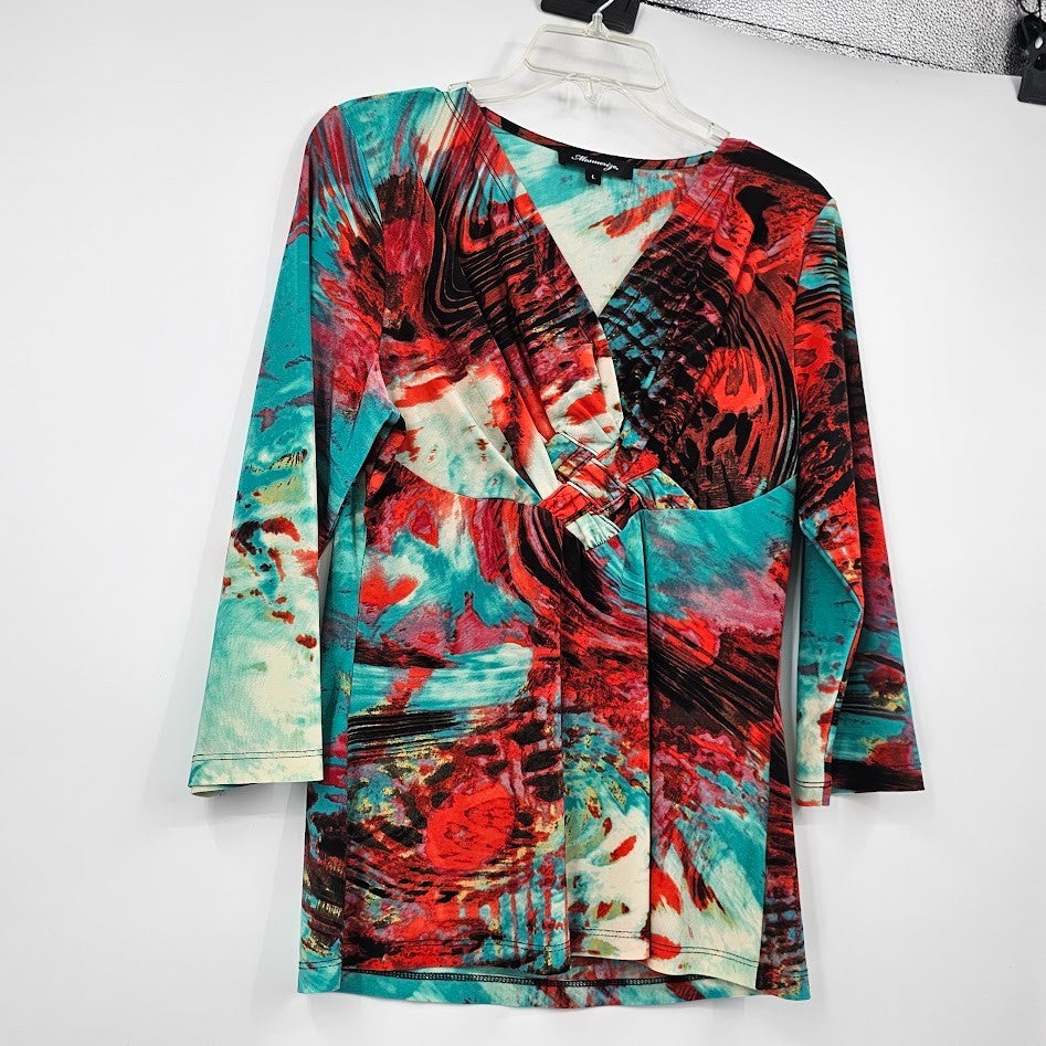 Y2K Mesmerize Retro Blouse Women’s L Multicolor Funky Print V-Neck Festival Top