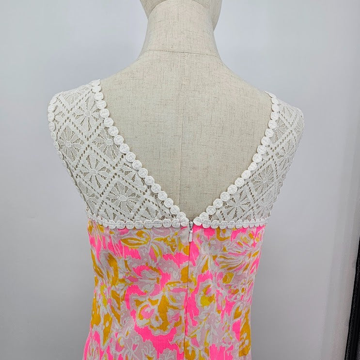 Lilly Pulitzer Sz 8 Pink White Lace Lined Back Zip Sleeveless Retro Dress