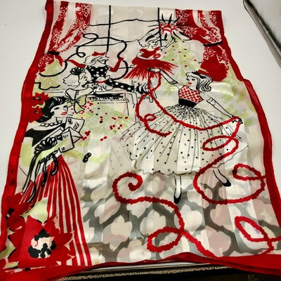 Holiday Scarf 20"x68" Red Black White Gray Women Decorating Christmas Tree Scene