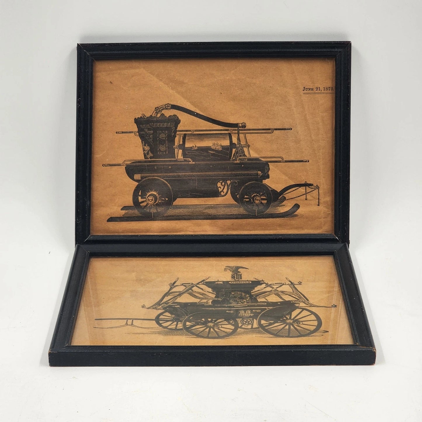 2 Firefighting Art Prints Horse-Drawn Fire Engine & Hand Pump Cart Wall Decor