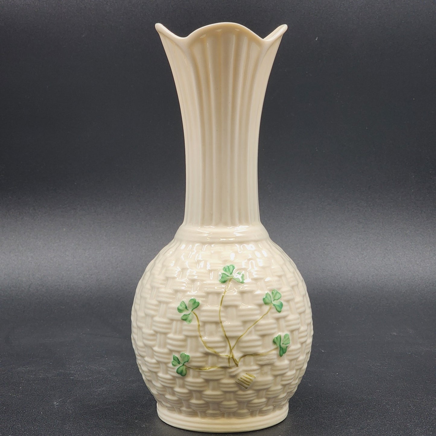 Belleek Sperrin Vase Fine Parian Porcelain China w/ Shamrock Woven Design 8.75"