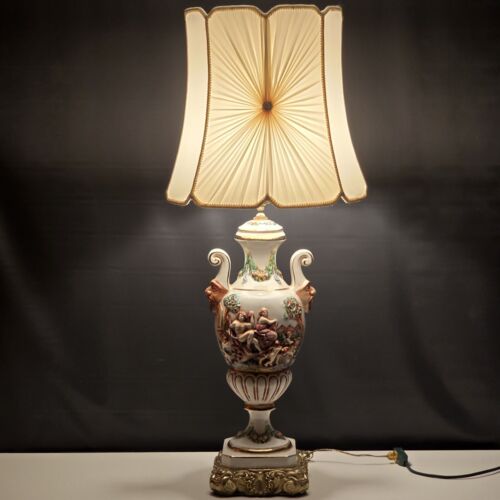 Italian Capodimonte Deluxe Large Table Lamp Raised Images Pleated Scallop Shade