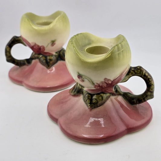 2pc Hull Pottery Woodland Candlesticks W30 Single Holder Pink Chartreuse Glossy
