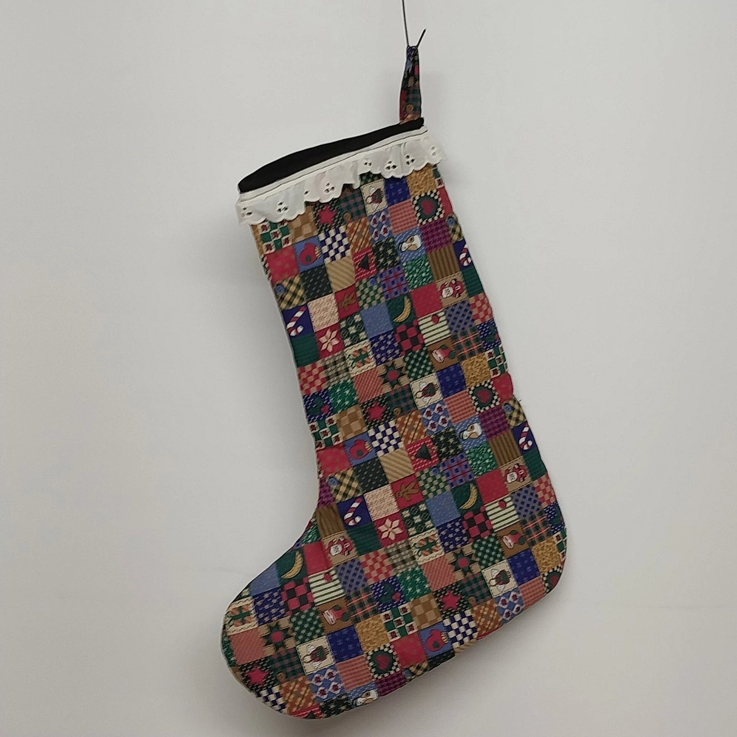 Homespun Holidays Christmas Stocking Patchwork Cotton Heart Lace Button 15" Vtg