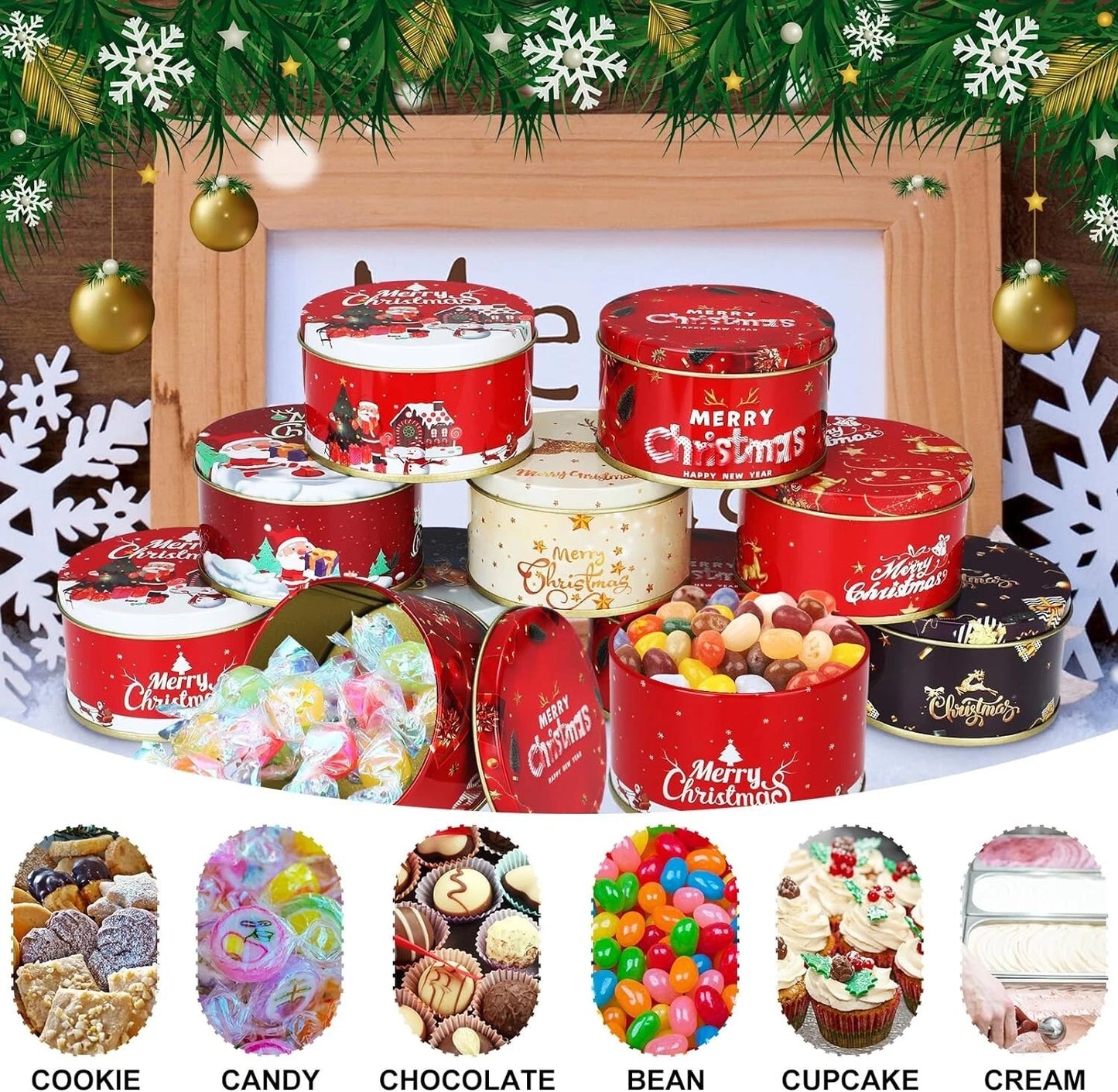 48 Pc Christmas Cookie Tins with Lids Round Metal Christmas Tins 3.5 oz 3"x1.75"