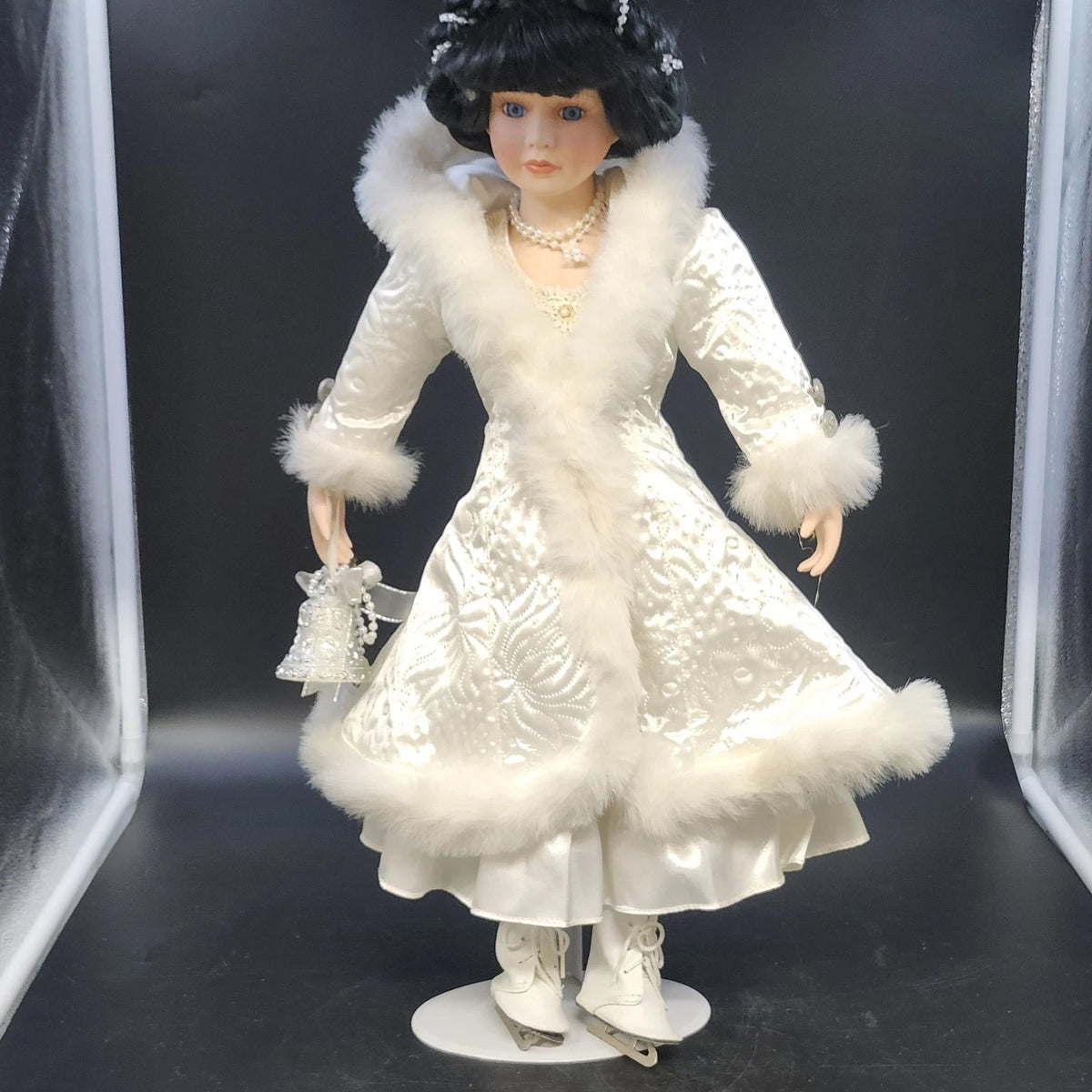 Porcelain Victorian Woman Ice Skater Doll White Faux Fur Gown Purse 21" Vintage