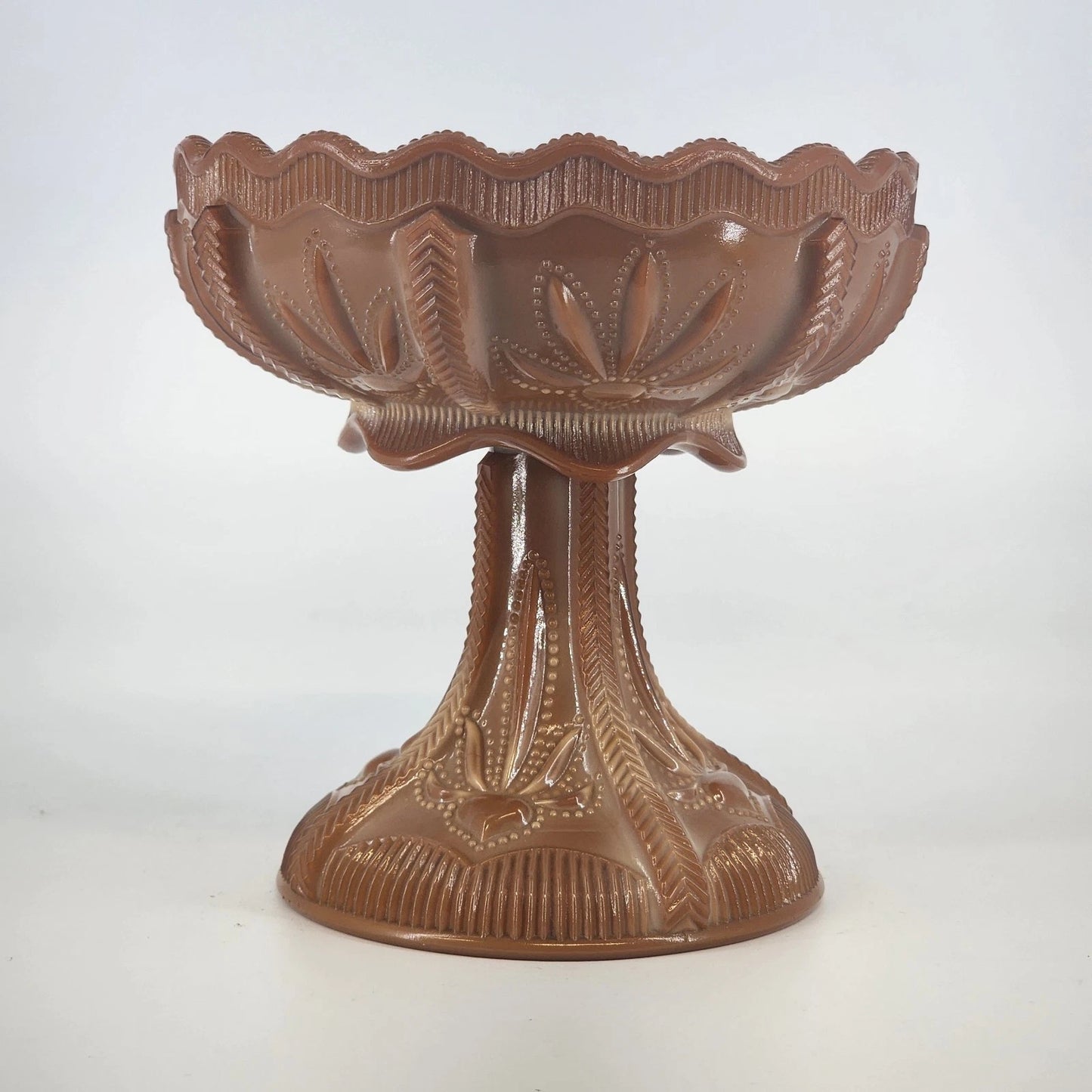 Greentown Chocolate Glass Compote Cactus Pattern Pedestal Scalloped 1890's Vtg