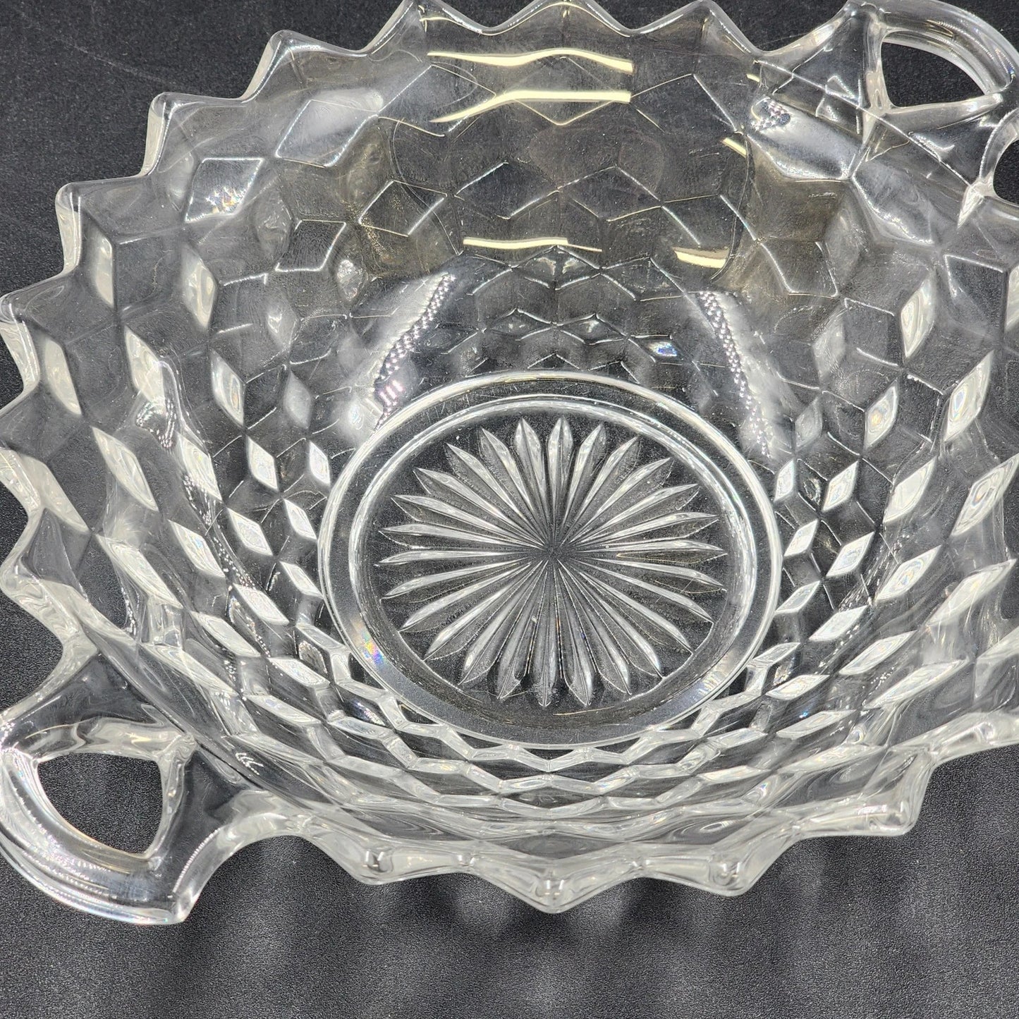 Fostoria American Clear Serving Bowl 8.75" w 2 Handles Cubist Design Glass Vtg
