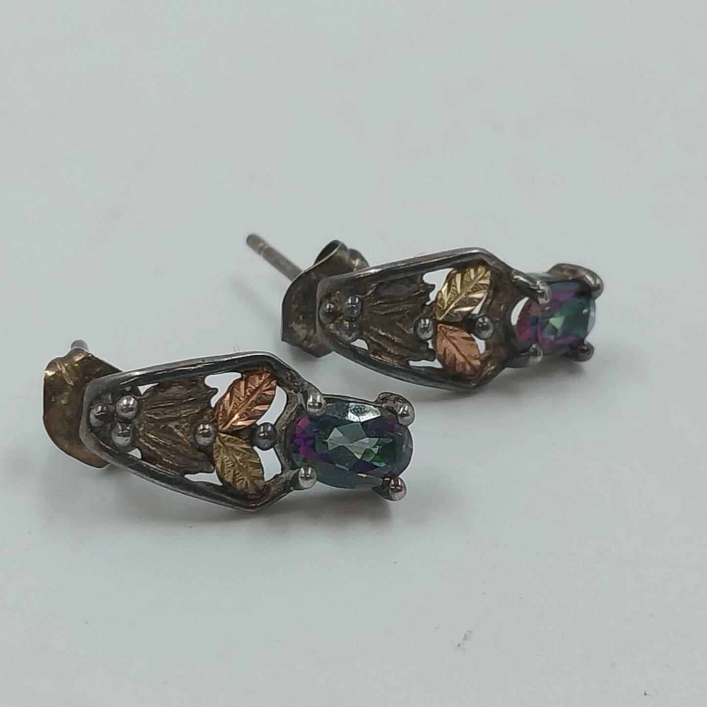 Black Hills Gold Mystic Topaz 12K Leaf Vine Sterling Silver Post Earrings