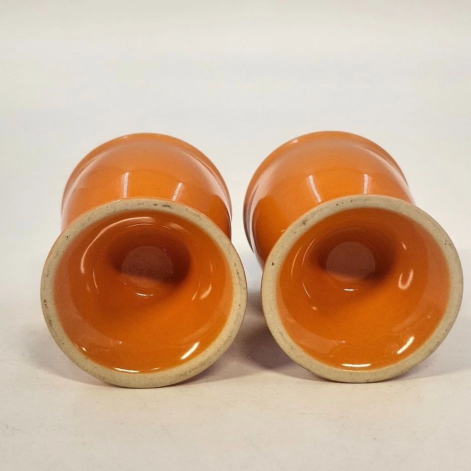 Pair Orange Ceramic Egg Cups 2" Pedestal Chalice White Interior Kitchen MCM