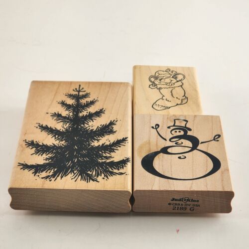 Lot of 3 Holiday & Christmas Themed Wooden Mounted Rubber Stamps Vintage