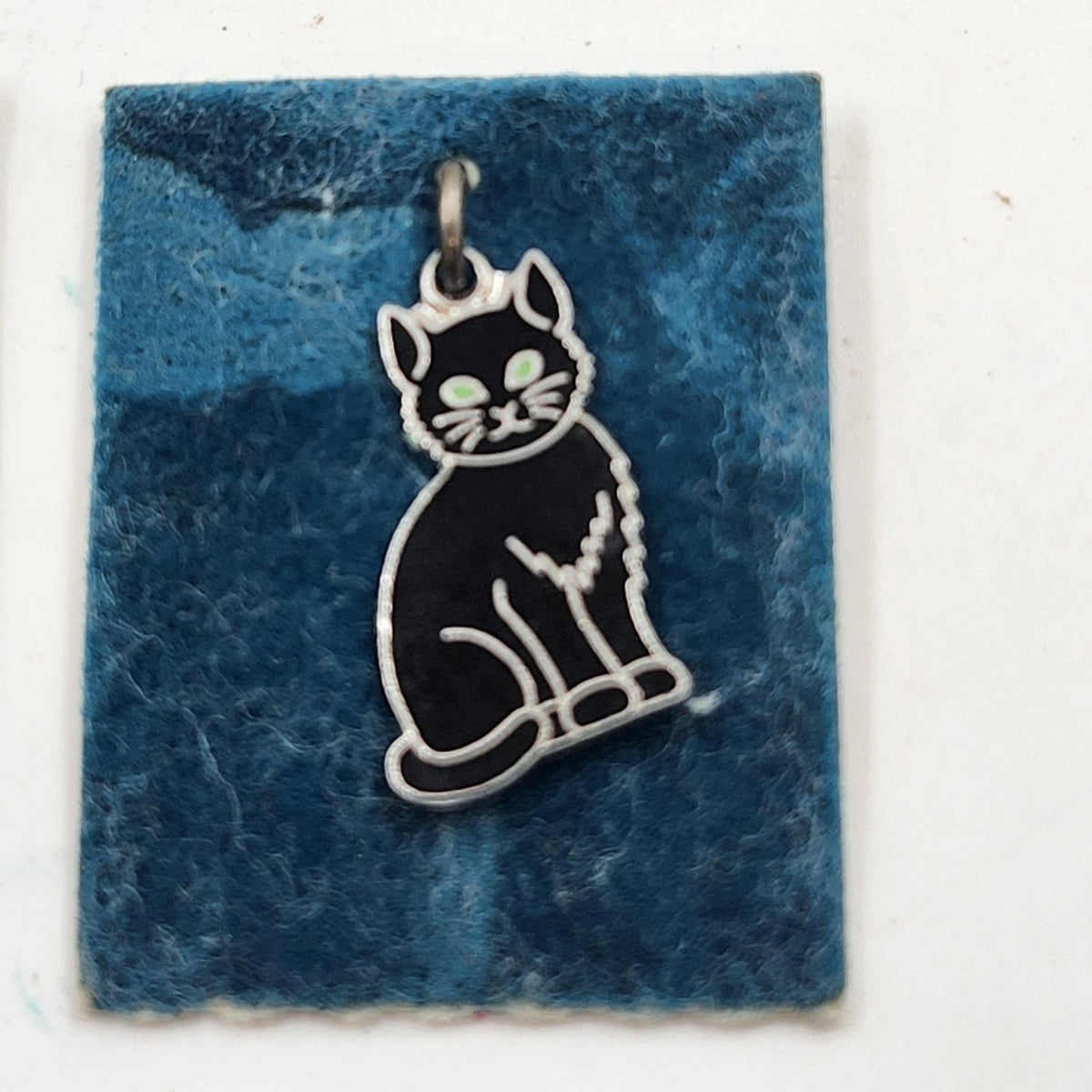 Sterling Silver Black Enamel Cat Charms Lot of 2 Green Eyes Red Bow Tie Vintage