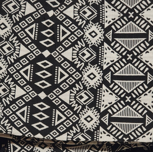 Aztec Curtains Black Abstract Geometric Blackout Print Fringe Rod Pocket 56x63"