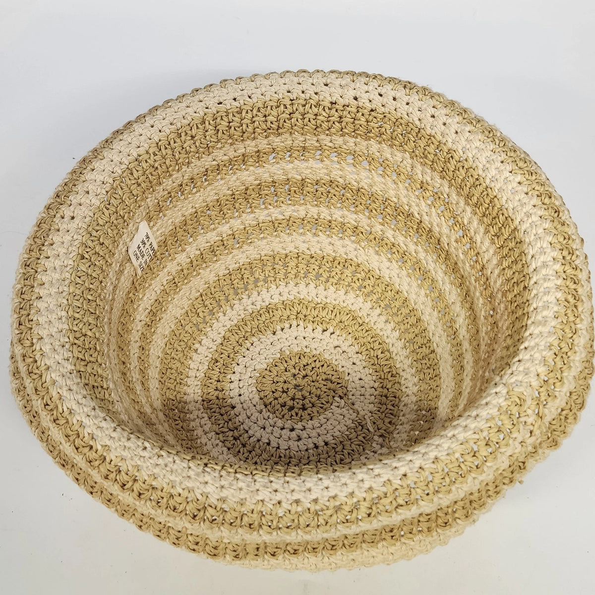 Women's Cloche Sun Hat Rolled Brim Cream Tan Striped Woven Paper Cotton OSFM