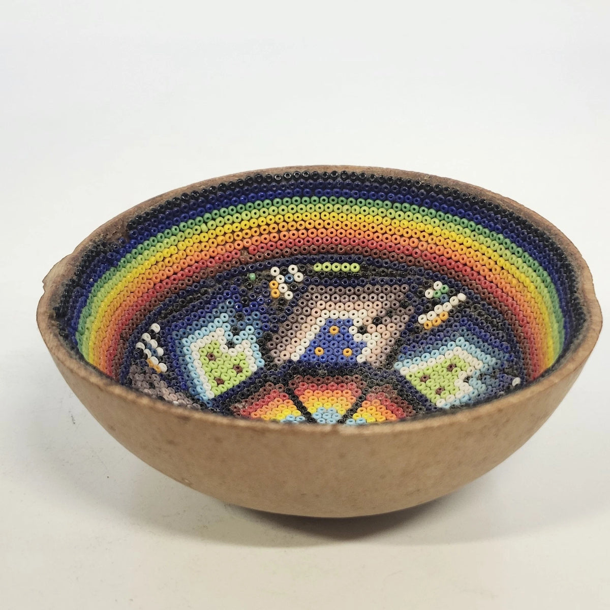 Hand Beaded Gourd Bowl Mexican Folk Art Rainbow Bird Floral Geometric 4" x 2"