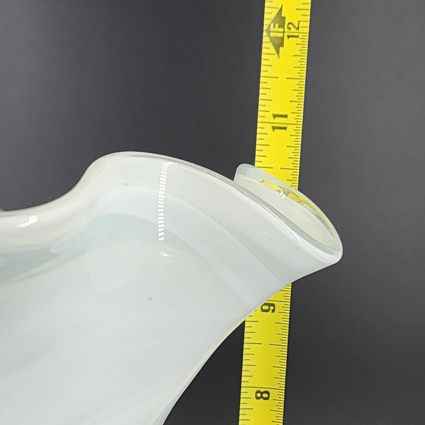 Frosted Art Glass Large Vase 11" Ruffled Scalloped Top White Swirl Hand Blown