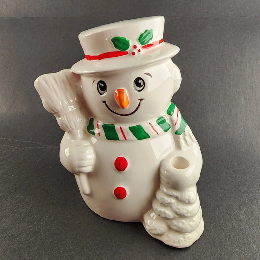 Russ Berrie Snowman Ceramic Coin Bank 1980s White Red Green Scarf Christmas 6"